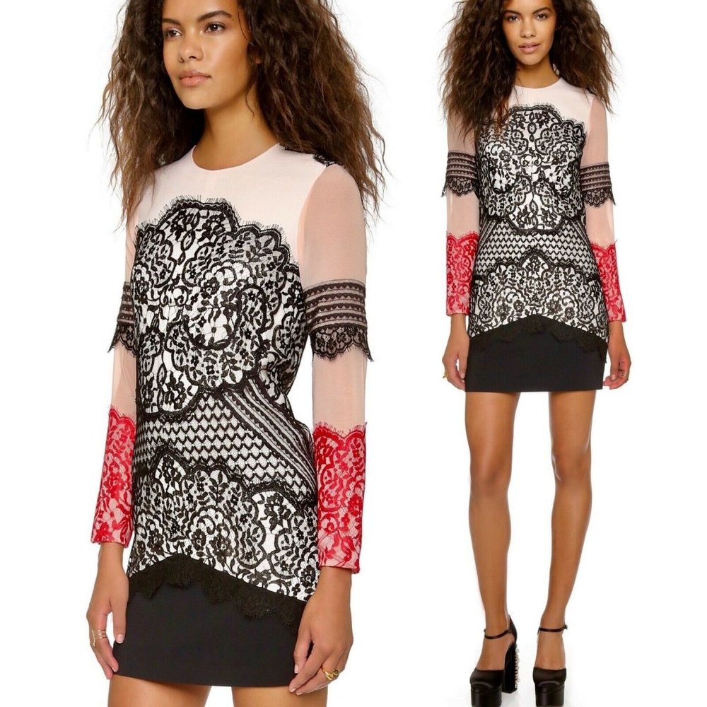 ISSA Georgette/ Lace Applique Severine Mini Dress